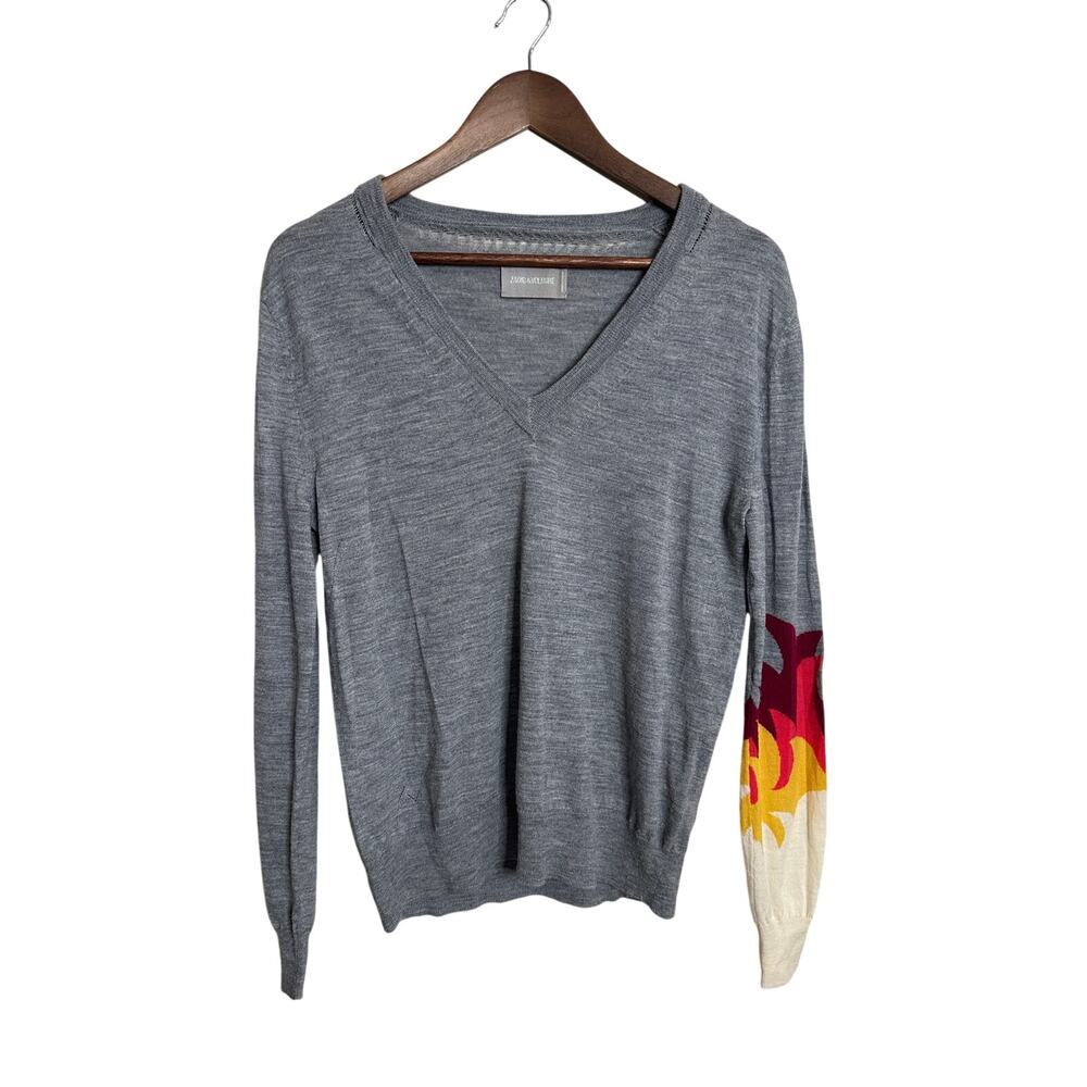 Zadig & Voltaire Ready Bis merino V Neck Sweater size M Flames Intarsia